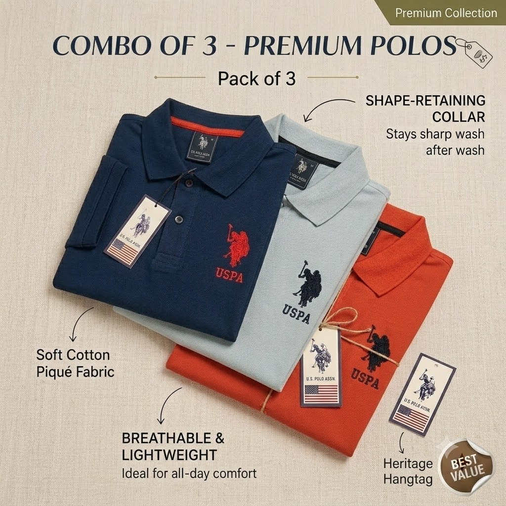Men's Polo T-Shirt Combo Pack of 3 | Premium Cotton Blend | Navy Blue, Grey & Rust Orange | Urban Closett
