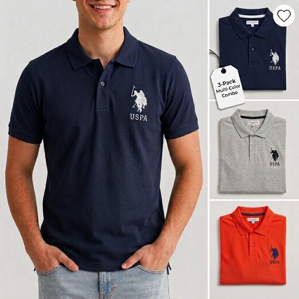 Men's Polo T-Shirt Combo Pack of 3 | Premium Cotton Blend | Navy Blue, Grey & Rust Orange | Urban Closett