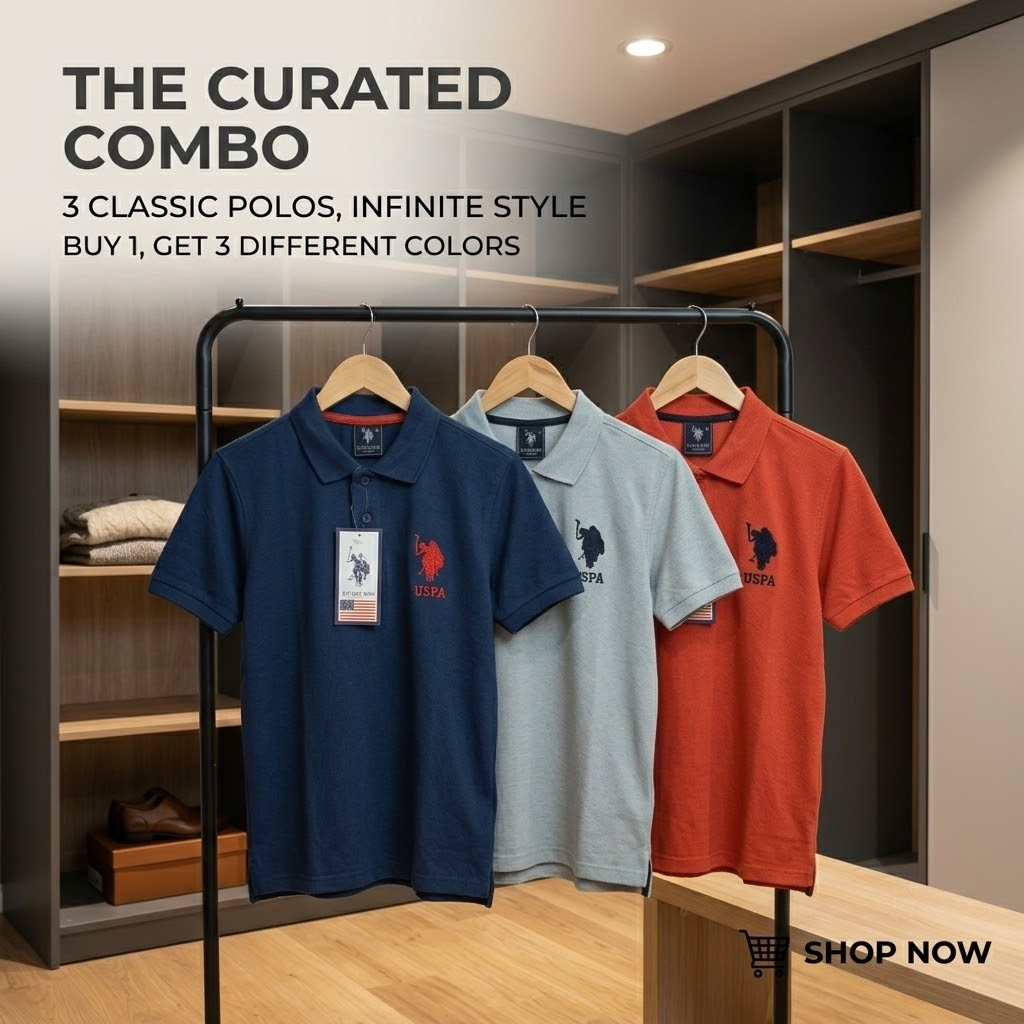 Men's Polo T-Shirt Combo Pack of 3 | Premium Cotton Blend | Navy Blue, Grey & Rust Orange | Urban Closett